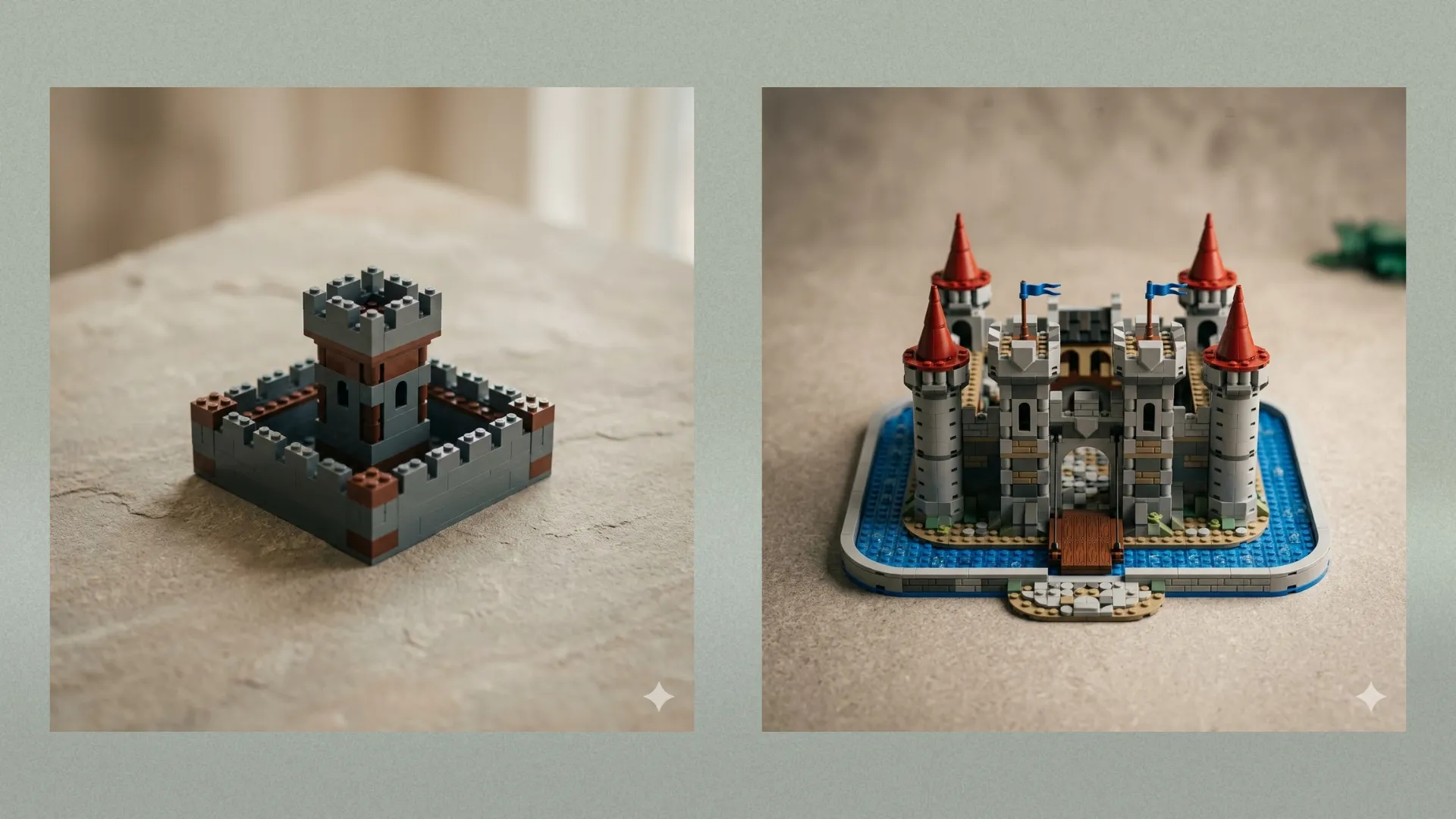A plain Lego castle built from a vague prompt next to a detailed castle with a moat, four towers, a drawbridge and flags, built from a specific prompt